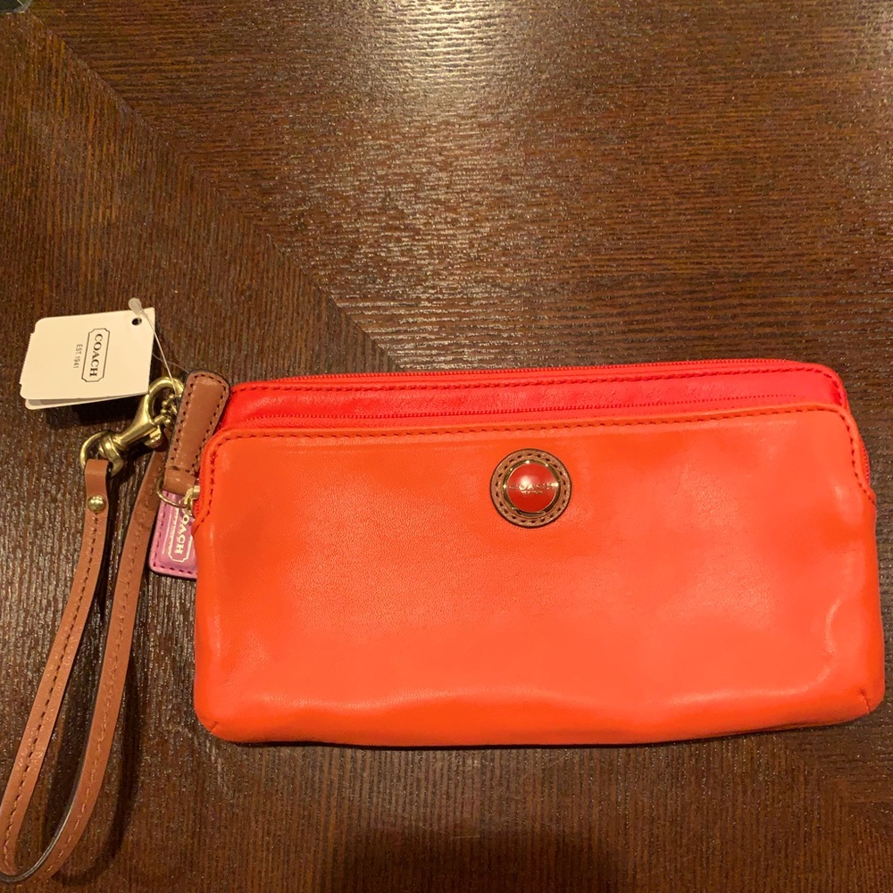Coach, leather color block, double zip wallet